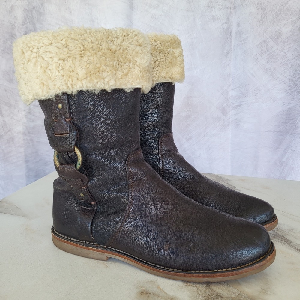 Frye Paige Winter Harness Shearing Lined Biker Boots Size 9 B Leather BROWN